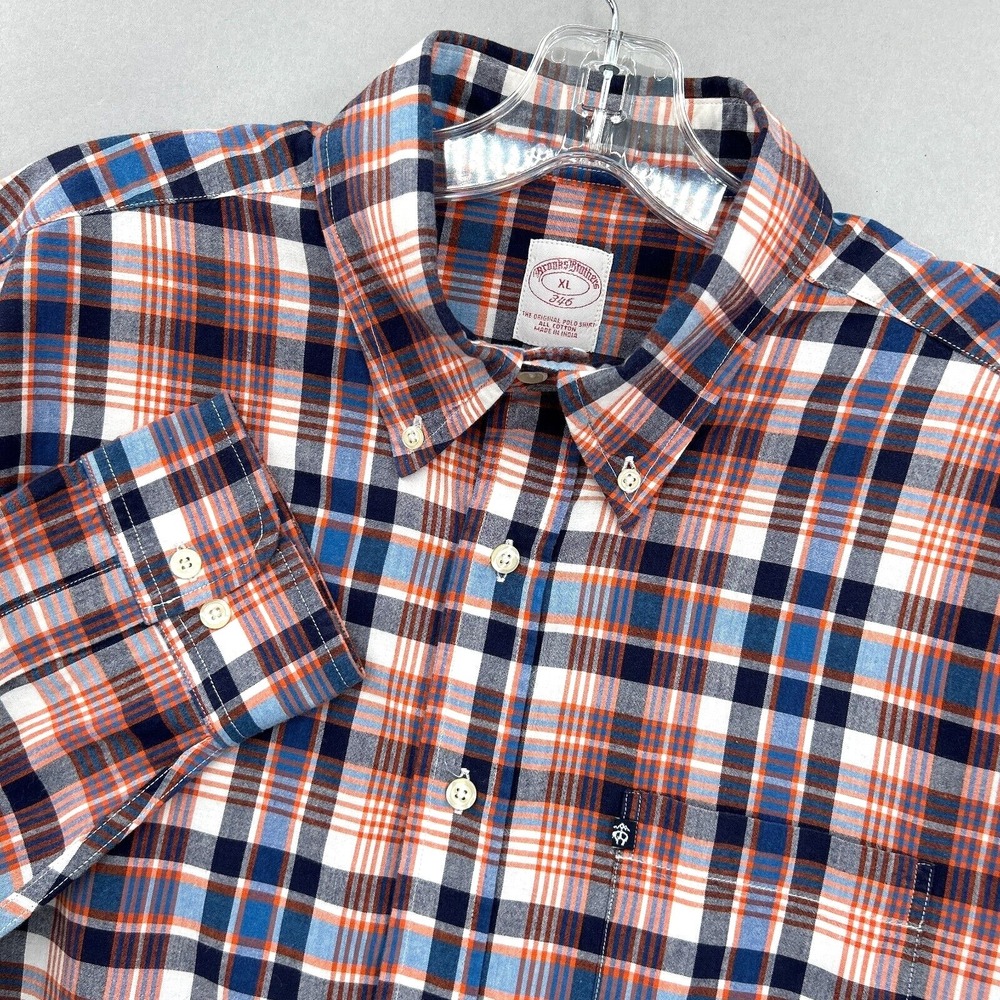Brooks Brothers Shirt Mens XL Blue Orange Plaid Button Down Tartan Fall Casual‎
